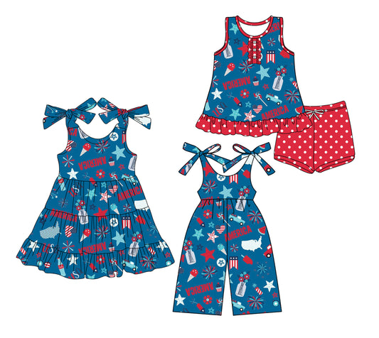 3.15 custom each style moq 5eta 4-6week Sibling Sister AMERICAN baby girl short sleeve shorts sets and dresses and jumpsuit match design