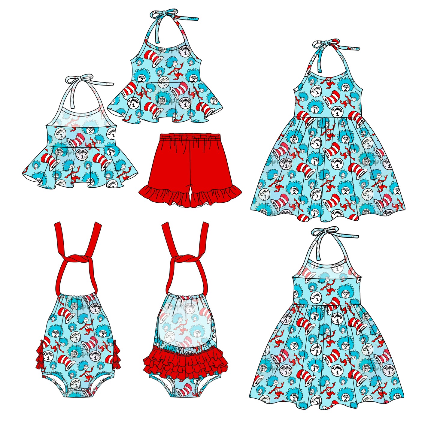 1.2 custom each style moq 5eta 4-6week Sibling Sistes dr seuss baby girl short sleeve shorts sets and dress and rompers match family design