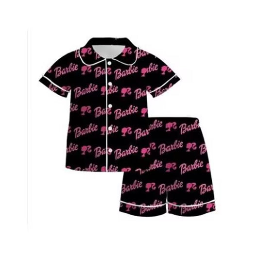 custom moq 5 eta 4-5 weeks baby girls clothes barbie black short sleeve shorts summer pajama outfit