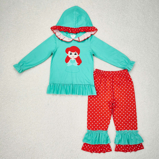 rts no moq GLP1292 Disney Princess Green Hooded Polka Dot Red Pants Set