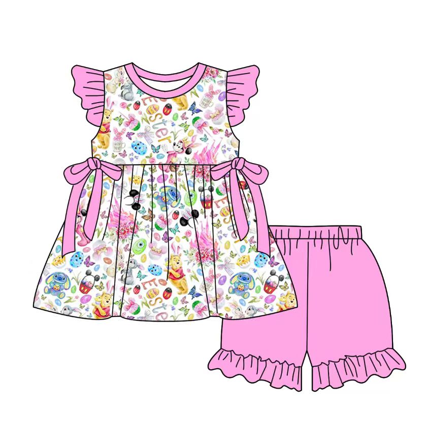 Custom moq 5 mix size milk silk baby girl clothes cartoon short sleeve shorts sets 2