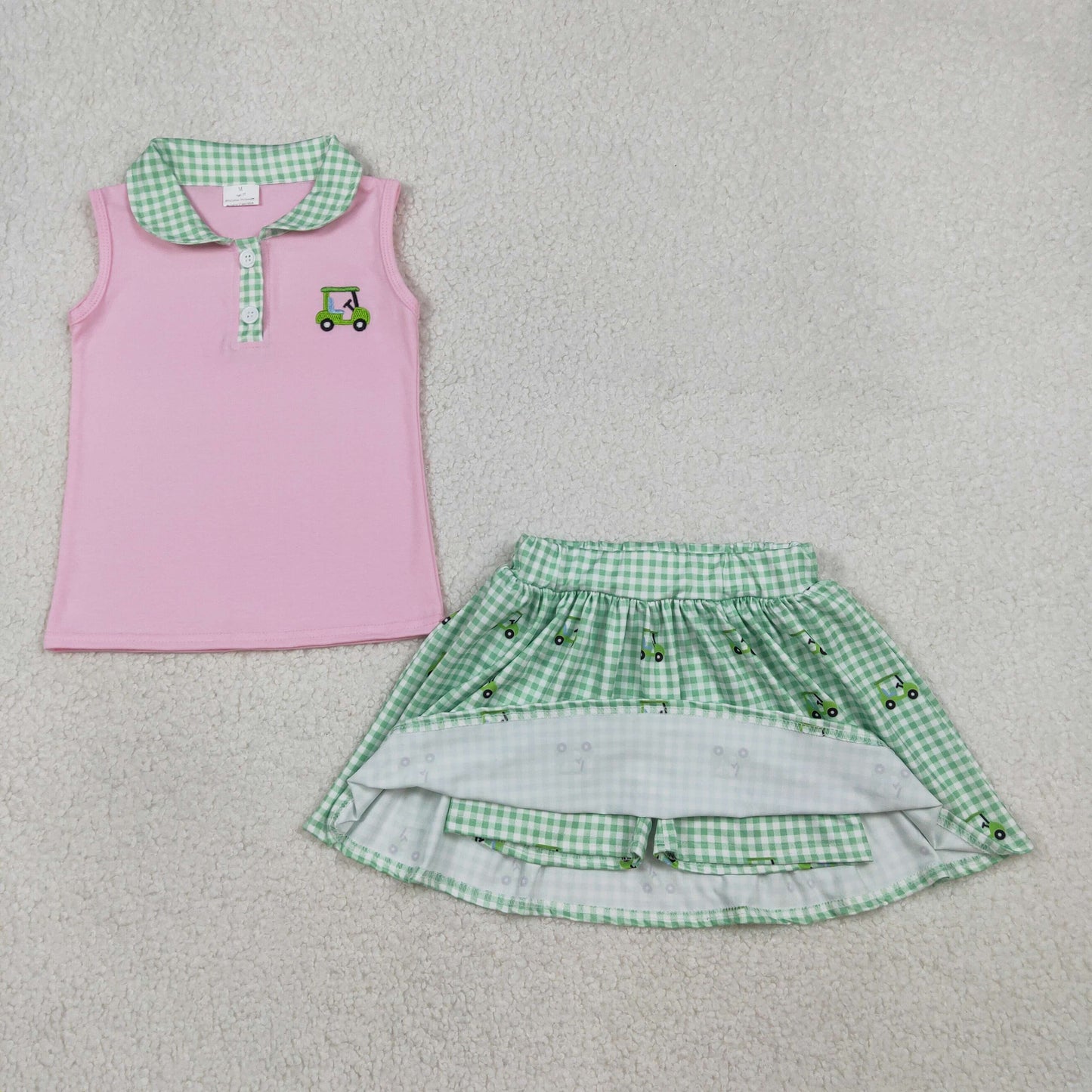 RTS NO MOQ（In Stock) GSD3120 Embroidered Golf Cart Buttoned Green Plaid Neckline Pink Sleeveless Skirt Set