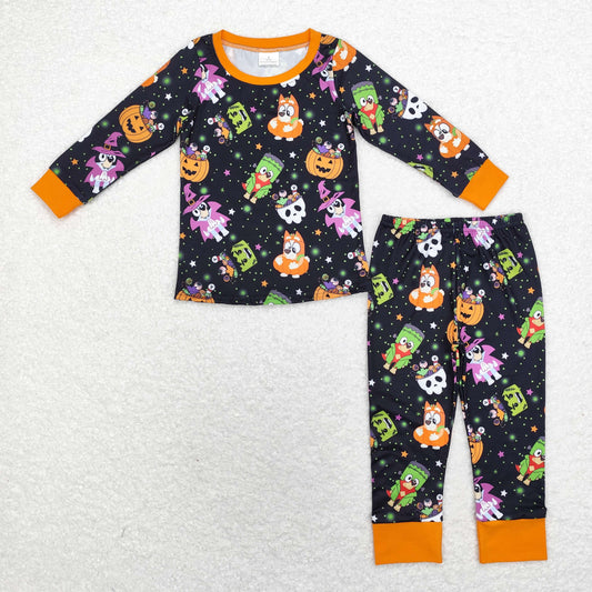 rts no moq BLP0825 bluey Halloween pumpkin star black and orange long-sleeved trousers pajamas suit