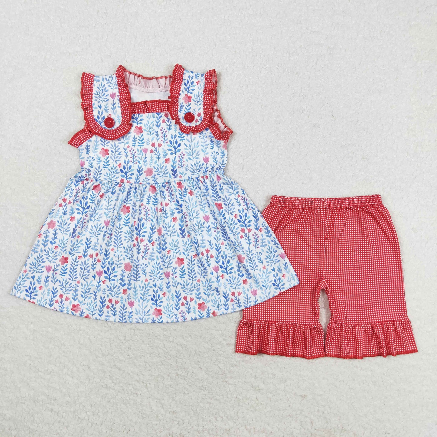 rts no moq GSSO1112 Flower blue leaf sleeveless red plaid lace shorts set