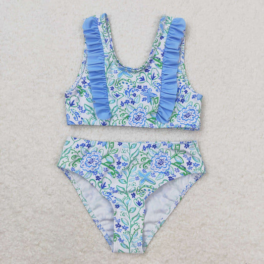 S0279 Floral blue and white lace swimsuit set