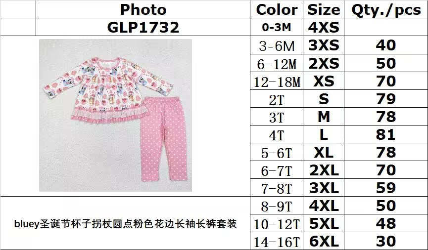 RTS NO MOQ ETA 5/7days arrived GLP1732 bluey Christmas cup cane polka dot pink lace long-sleeved trousers set