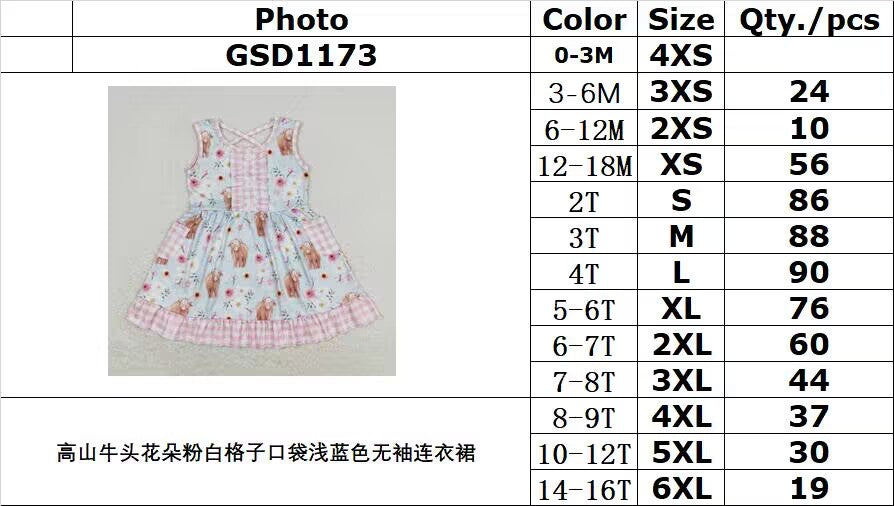 RTS no moq GSD1173 Alpine cow head flower pink and white plaid pocket light blue sleeveless dress