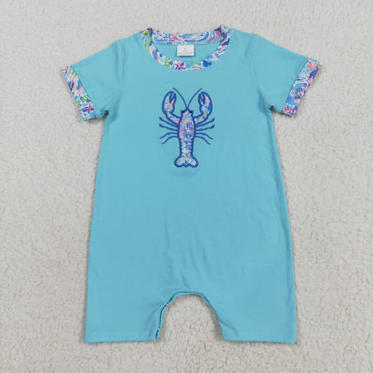 RTS NO MOQ（In Stock) SR3044 Blue short-sleeved bodysuit with embroidered seaweed pattern and crayfish