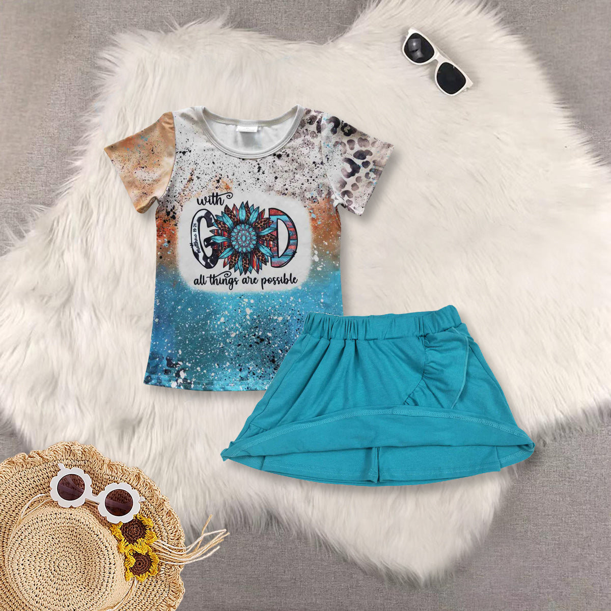 RTS NO MOQ GOD blue short-sleeved top pants skirt sets