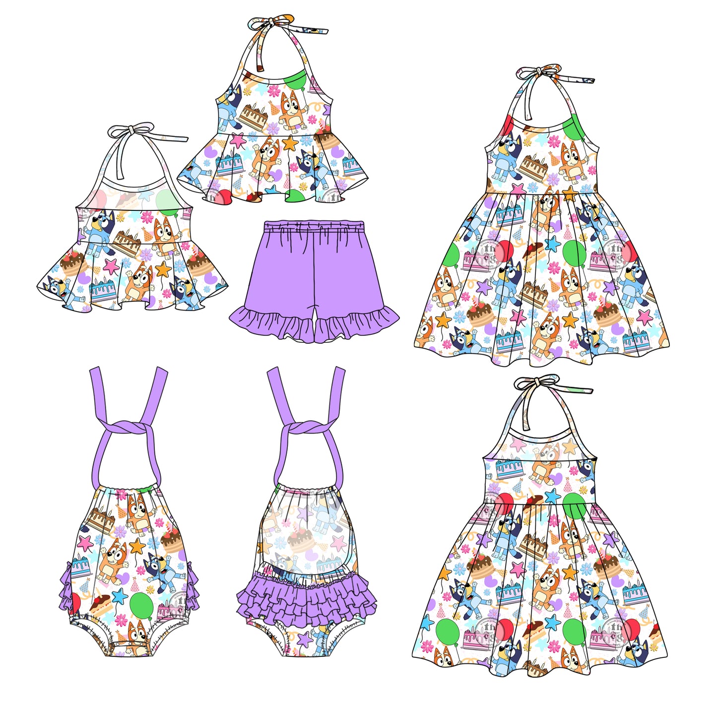 1.3 custom each style moq 5eta 4-6week Sibling Sister cartoon dog baby girl short sleeve shorts sets and dresses and romper match design