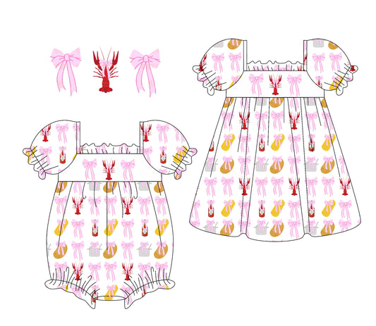 1.11 custom each style moq 5eta 4-6week Sibling Sister crayfish baby girl short sleeve dress and rompers match family design