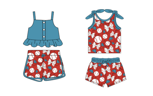 1.21 custom each style moq 5eta 4-6week Sibling Sister bow baseball baby girls short sleeve shorts sets and jumpsuit match design