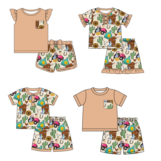 1.4 custom each style moq 5eta 4-6week Sibling Sister cartoon dog baby boy short sleeve shorts sets 1 and sets 2 and set 3 match design