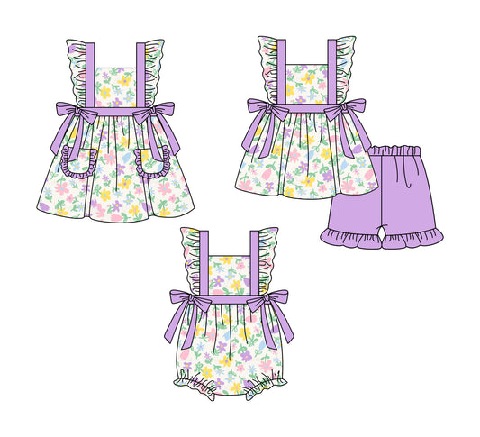 1.6 custom each style moq 5eta 4-6week Sibling Sistes floral baby girl short sleeve shorts sets and dress and rompers match family design