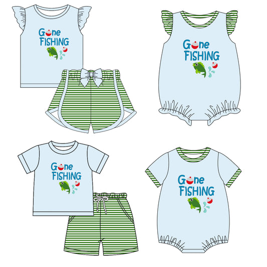 2.12 custom each style moq 5eta 4-6week Sibling Sister FISHING baby girl short sleeve shorts sets and sets 2 and boy romper and girl romper match design