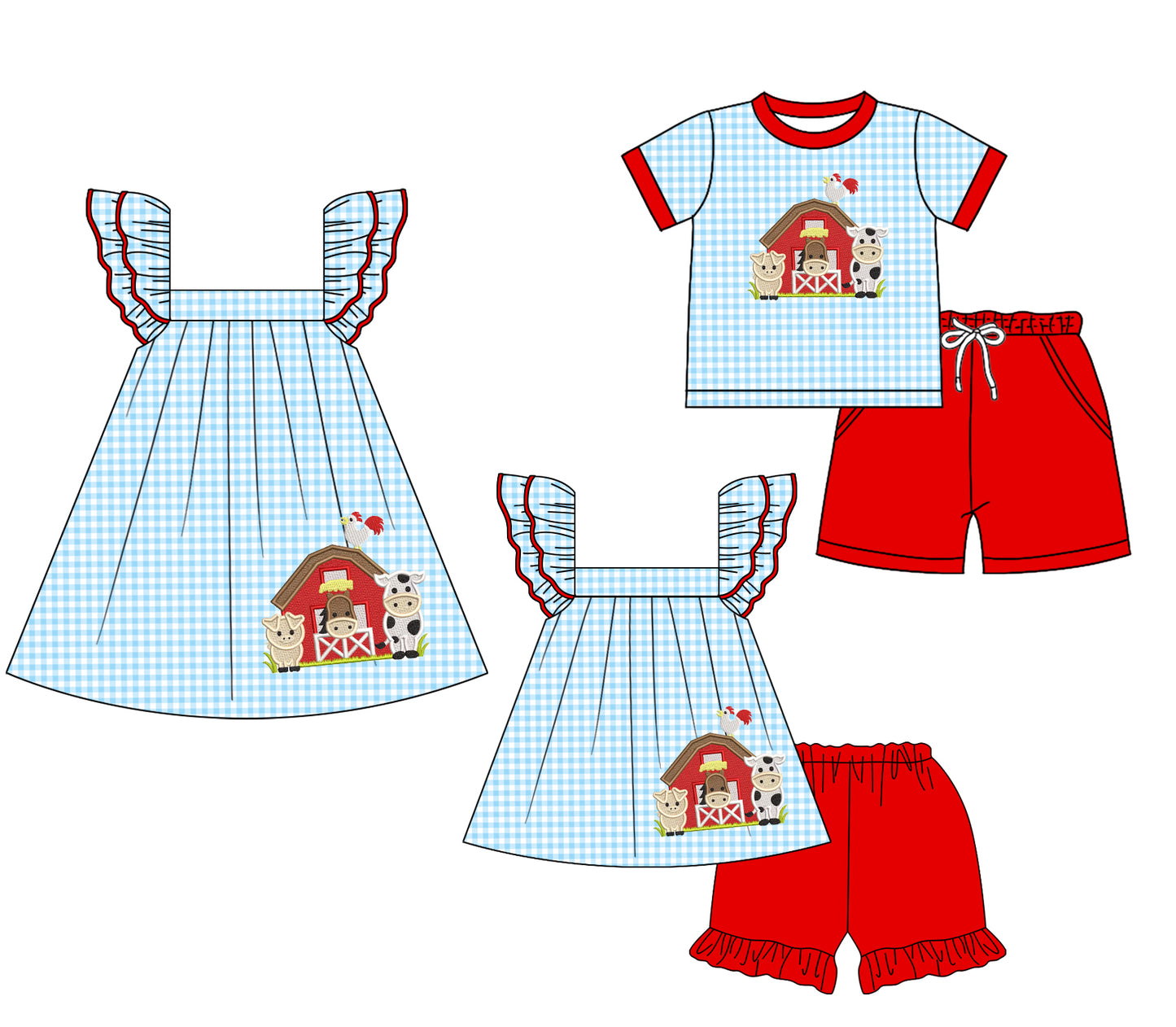 1.24 custom each style moq 5eta 4-6week Sibling Sister farm baby girl short sleeve shorts sets and sets 2 and dress match design