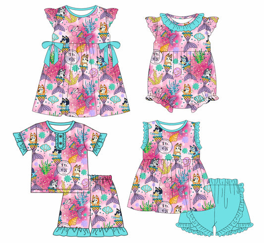 1.15 custom each style moq 5eta 4-6week Sibling Sister cartoon dog baby girl short sleeve shorts sets and sets 2 and boy romper and dress match design