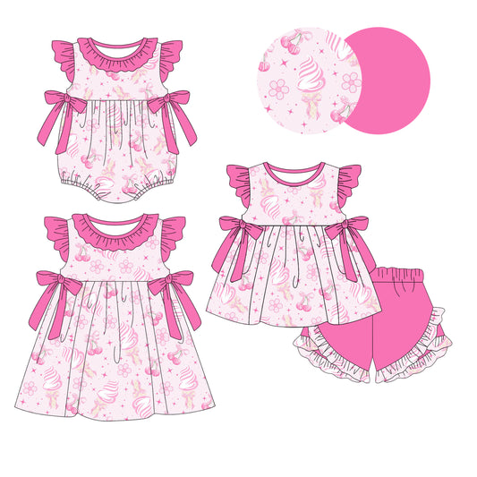 1.9 custom each style moq 5eta 4-6week Sibling Sister bow baby girl short sleeve shorts sets and dress and rompers match family design