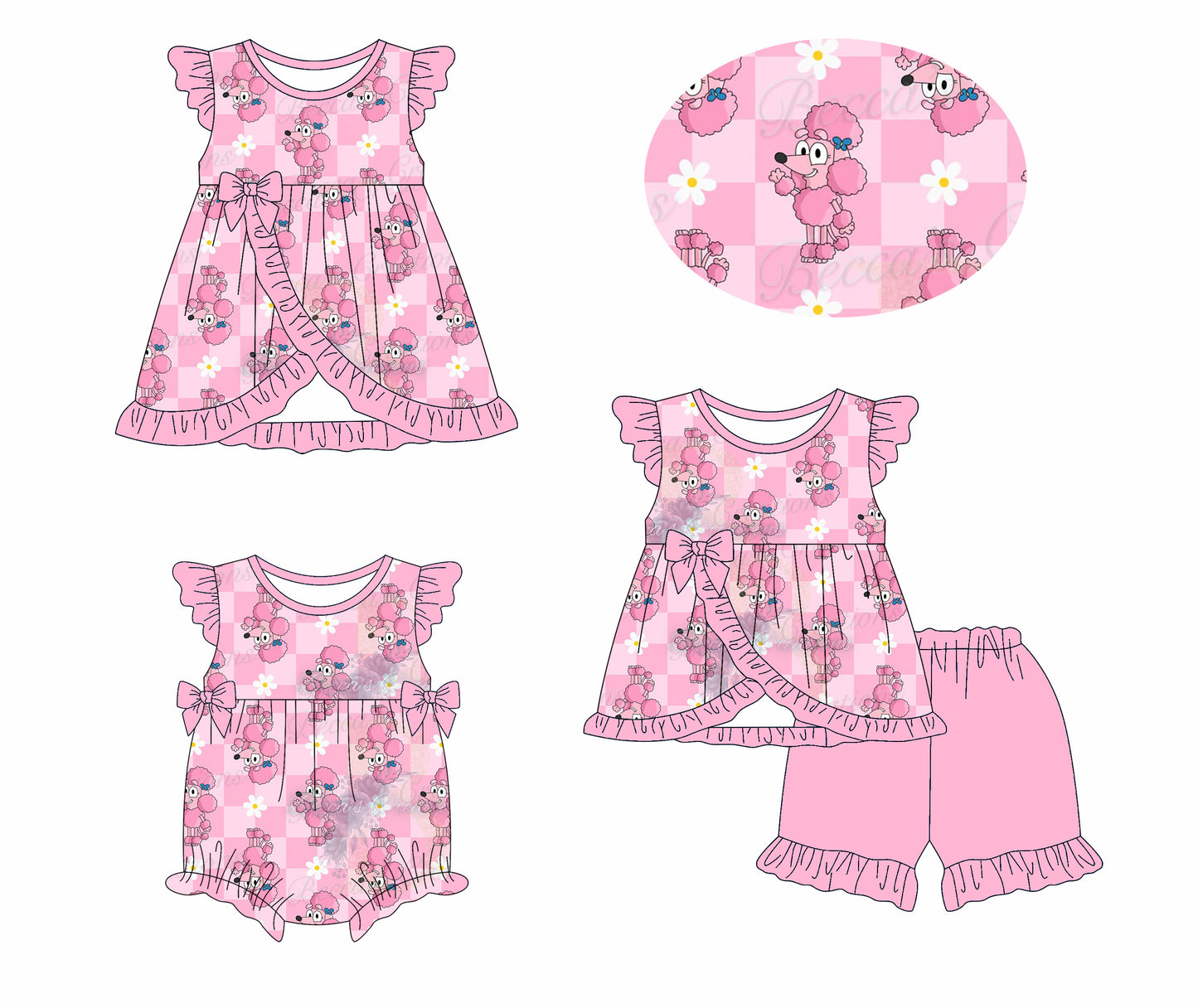 1.13 custom each style moq 5eta 4-6week Sibling Sisters cartoon dog baby girl short sleeve shorts sets and dress and rompers match family design