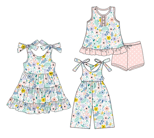 3.15 custom each style moq 5eta 4-6week Sibling Sister floral baby girl short sleeve shorts sets and dresses and jumpsuit match design