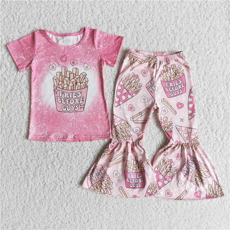 Baby Girls  French fries and hearts prints pink Sibling Shirts Shorts Pajamas Clothing Sets