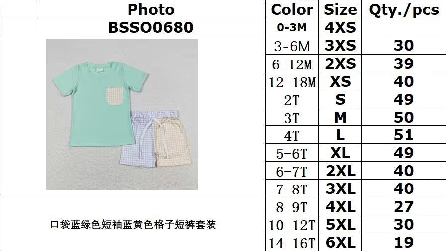 BSSO0680 Pocket blue-green short-sleeved blue-yellow plaid shorts suit