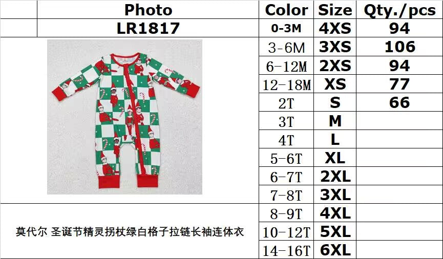 BAMBOO RTS NO MOQ ETA 5/7days Arrived LR1817 Modal Christmas elf cane green and white plaid zipper long-sleeved jumpsuit