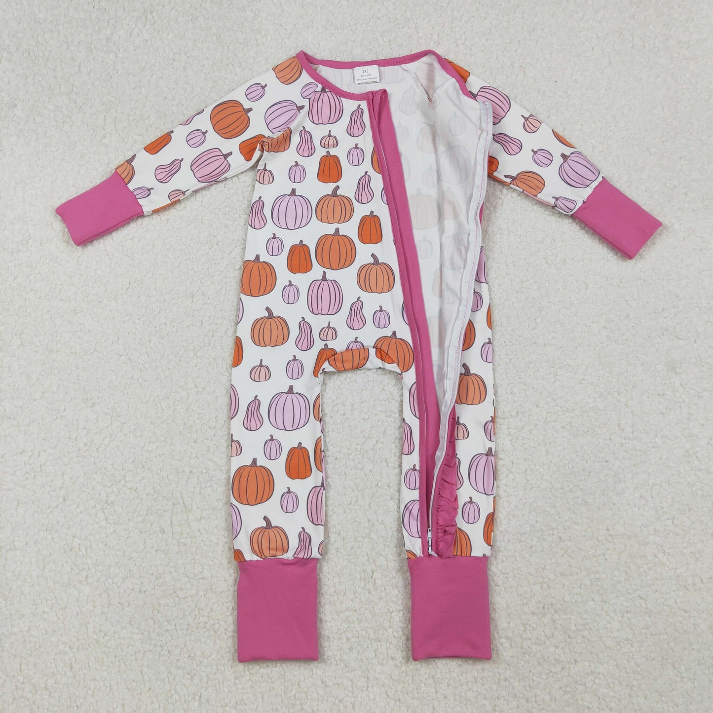 RTS NO MOQ（In Stock) LR2566 Pumpkin pattern pink and white zip-up long-sleeved bodysuit