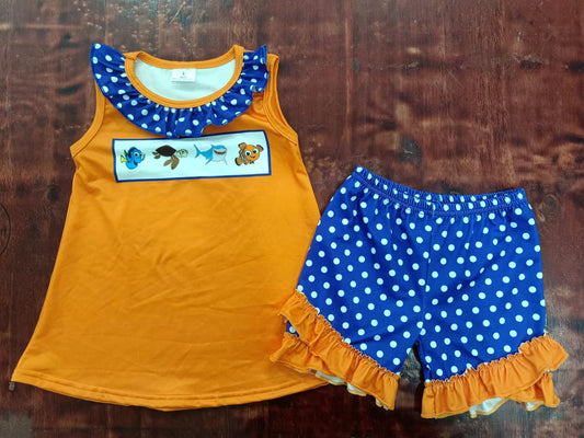 custom moq 5 eta 4-6weeks summer baby girls clothes orange sleeveless shorts sets