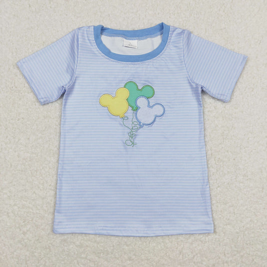 BT0482 Embroidered Mickey Balloon Blue Striped Short Sleeve Top