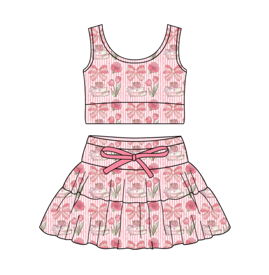 Custom moq 5 mix size milk silk baby girl clothes summer bow floral sleeveless skirts sets