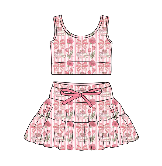 Custom moq 5 mix size milk silk baby girl clothes summer bow floral sleeveless skirts sets