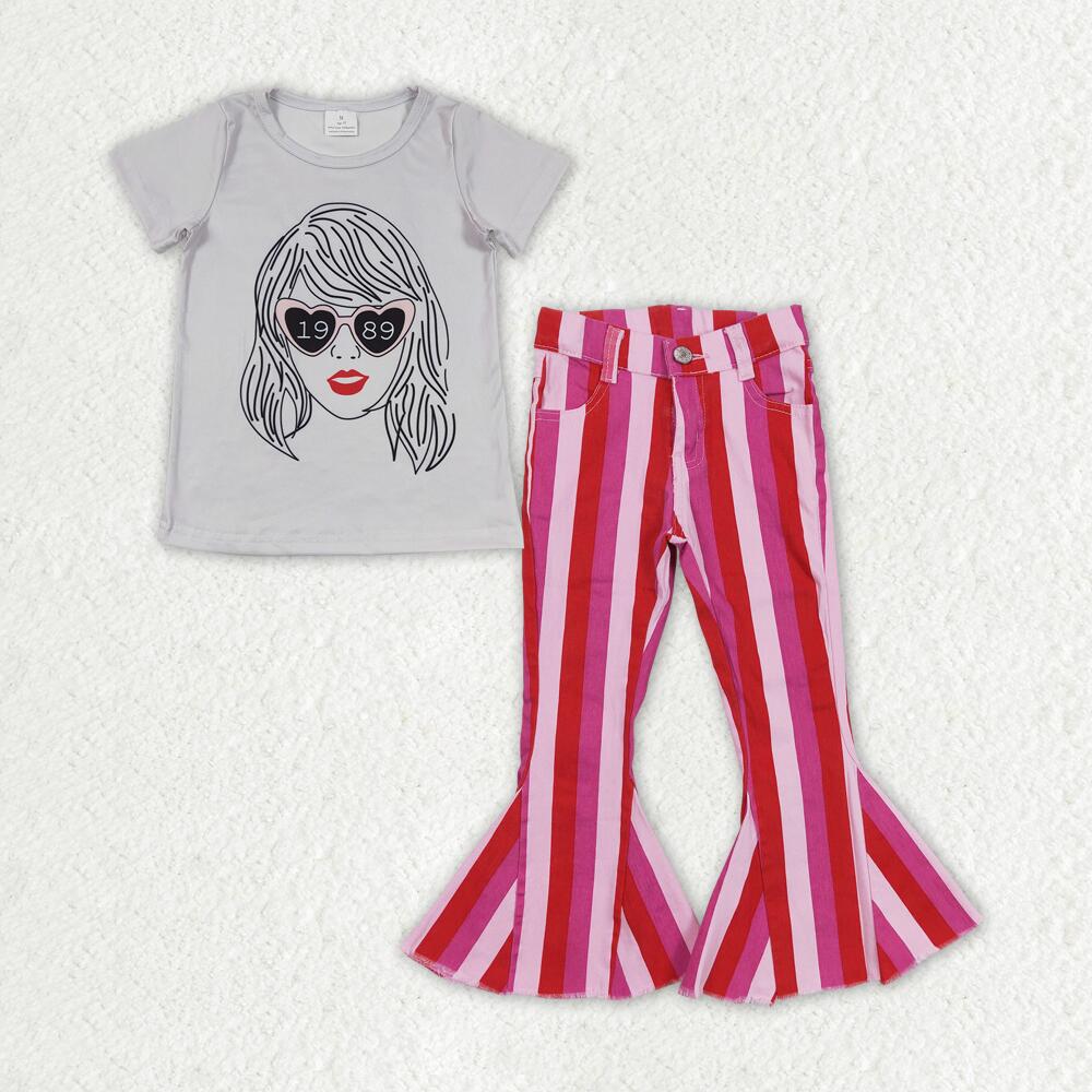 GT0434+P0043 1989 taylor swift gray short-sleeved top Light pink, dark pink and bright red striped denim jeans