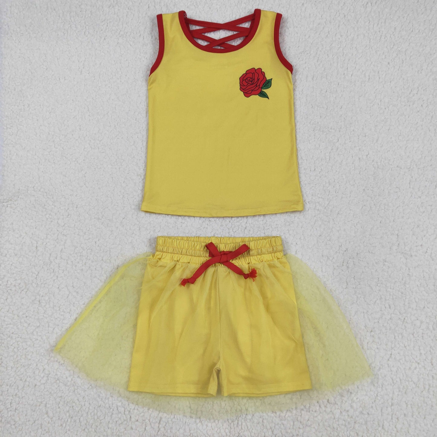 RTS NO MOQ GSD2070 Rose flower yellow vest skirt set