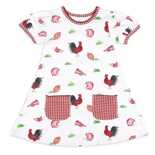 custom moq 3 eta 6-7weeks baby girls clothes rooster red short sleeve Dress