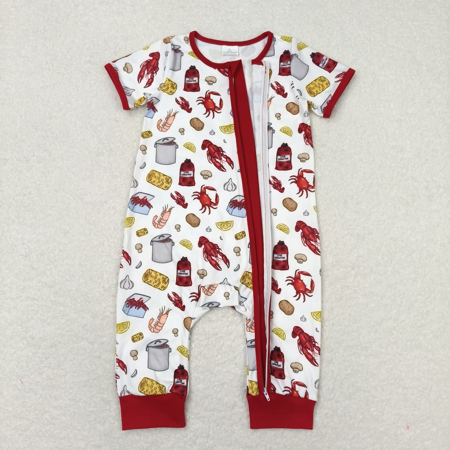 SR1339 Crayfish Crab White Zip Short Sleeve Jumpsuit