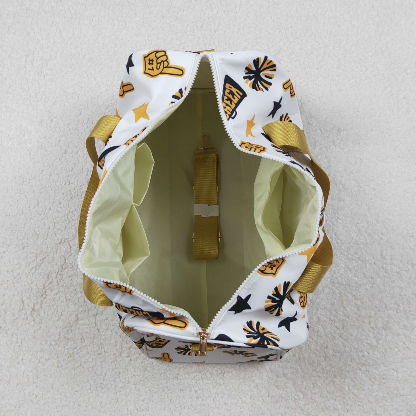 RTS NO MOQ（In Stock) BA0370 Cheer black and gold fireworks star gym bag with white