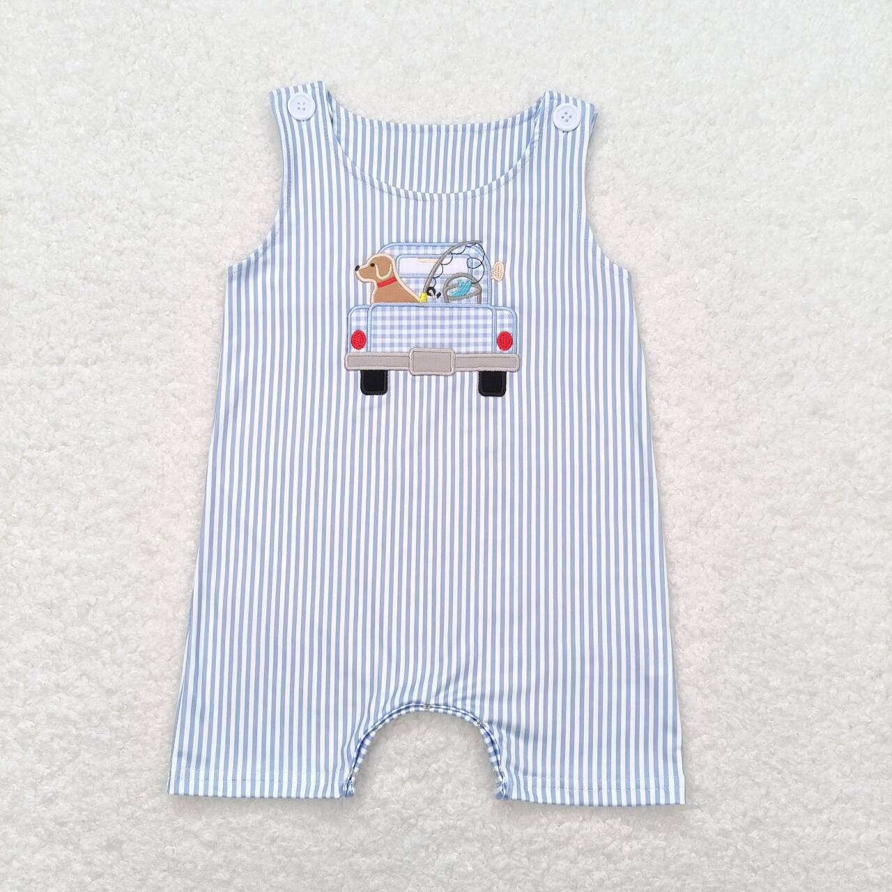 RTS	SR1170Embroidery Fishing Puppy Truck Blue Striped Sleeveless Jumpsuit