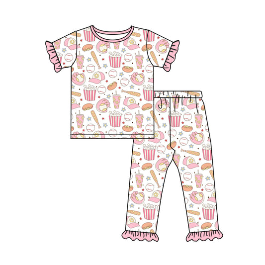 4.27custom moq 5 eta 4-5weeks baseball and popcorn prints white short sleeves with long pants set