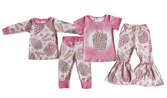 Baby Girls  French fries and hearts prints pink Sibling Shirts Shorts Pajamas Clothing Sets