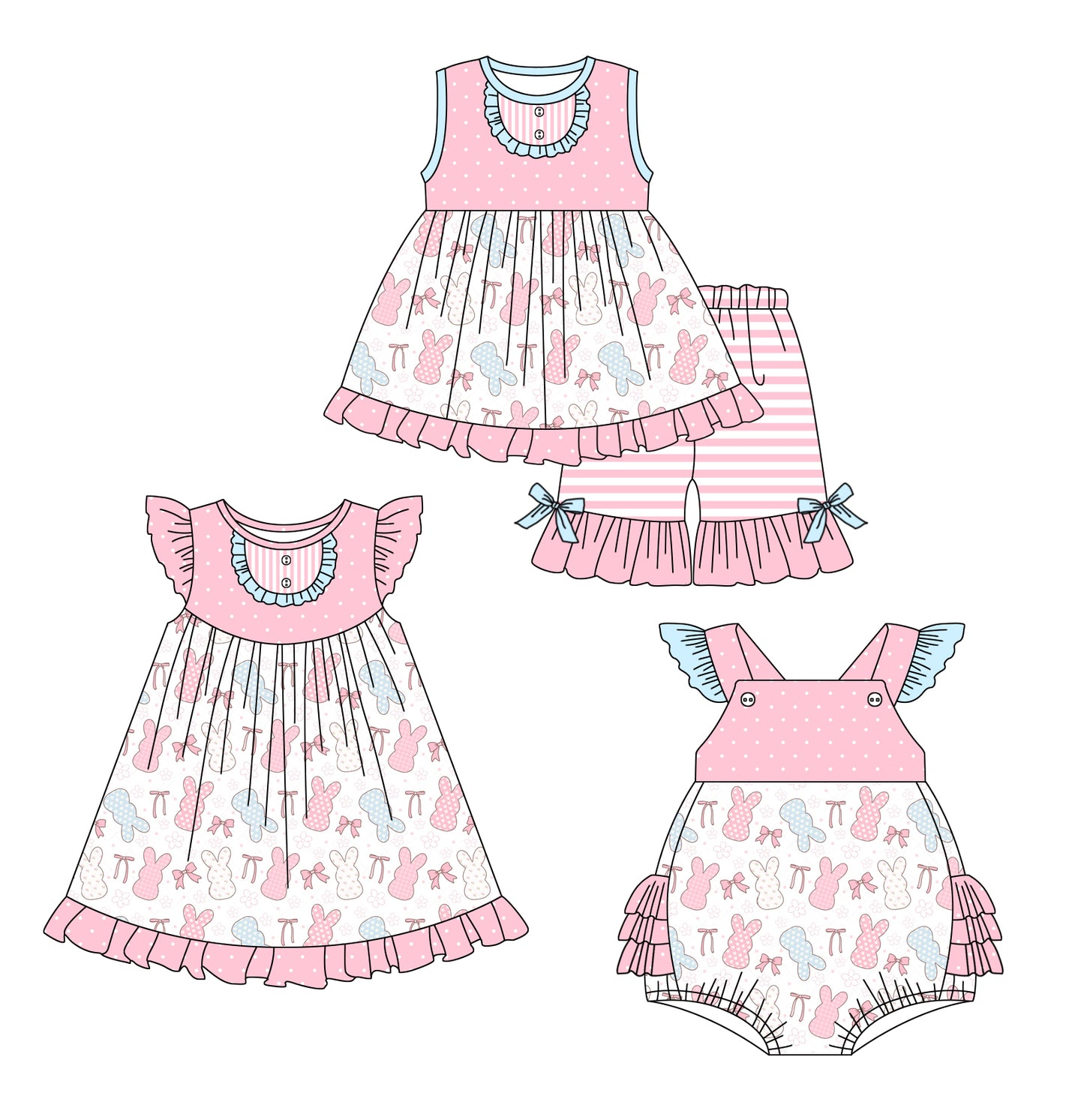 12.30 custom each style moq 5eta 4-6week Sibling Sister easter rabbit baby girl short sleeve shorts sets and dress and rompers match family design