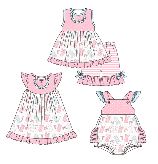 12.30 custom each style moq 5eta 4-6week Sibling Sister easter rabbit baby girl short sleeve shorts sets and dress and rompers match family design