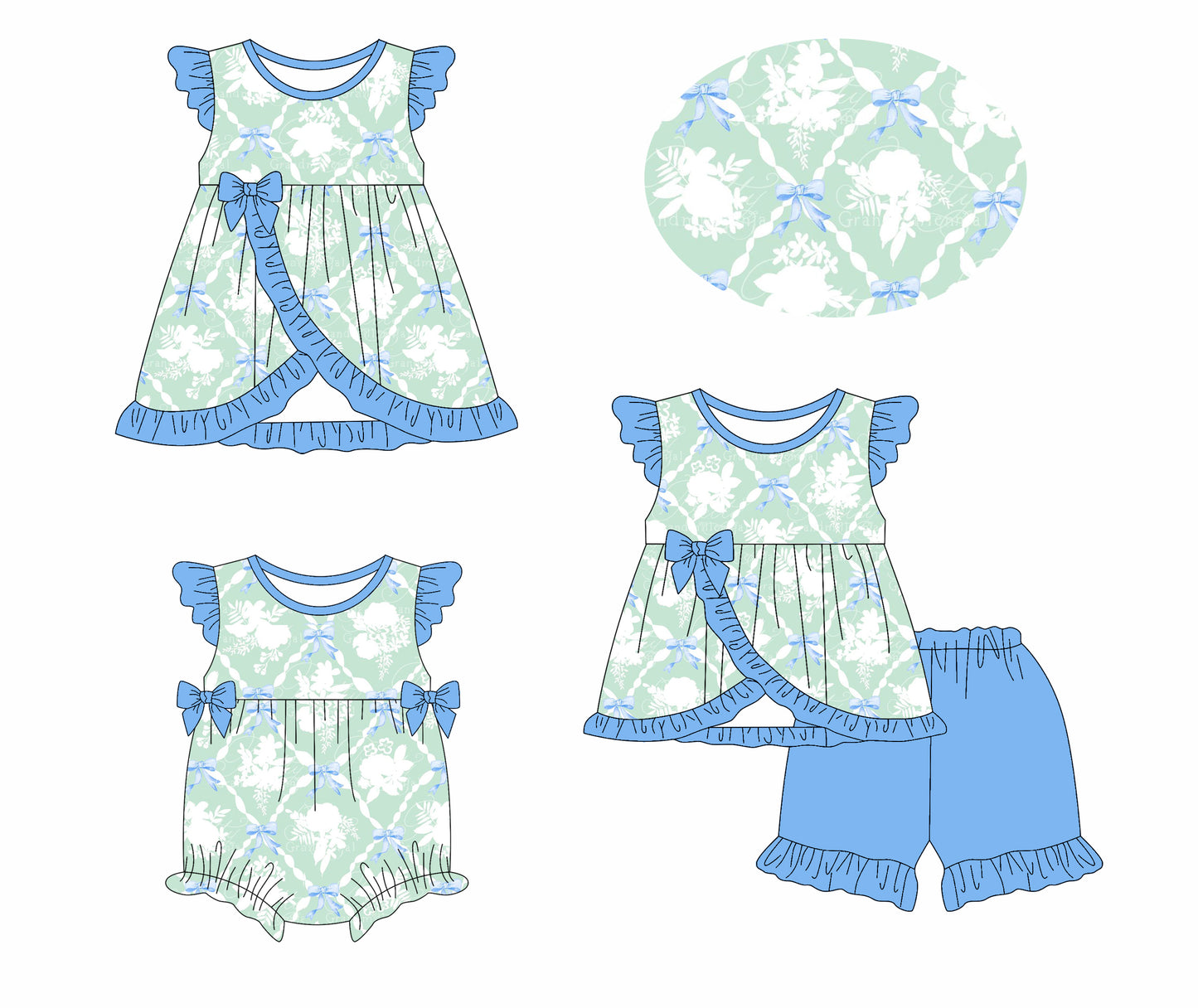 1.13 custom each style moq 5eta 4-6week Sibling Sisters bow baby girl short sleeve shorts sets and dress and rompers match family design