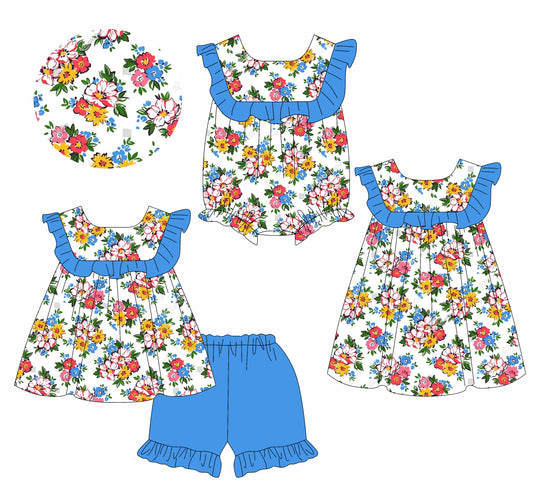 1.11 custom each style moq 5eta 4-6week Sibling Sister floral baby girl short sleeve shorts sets and dress and rompers match family design