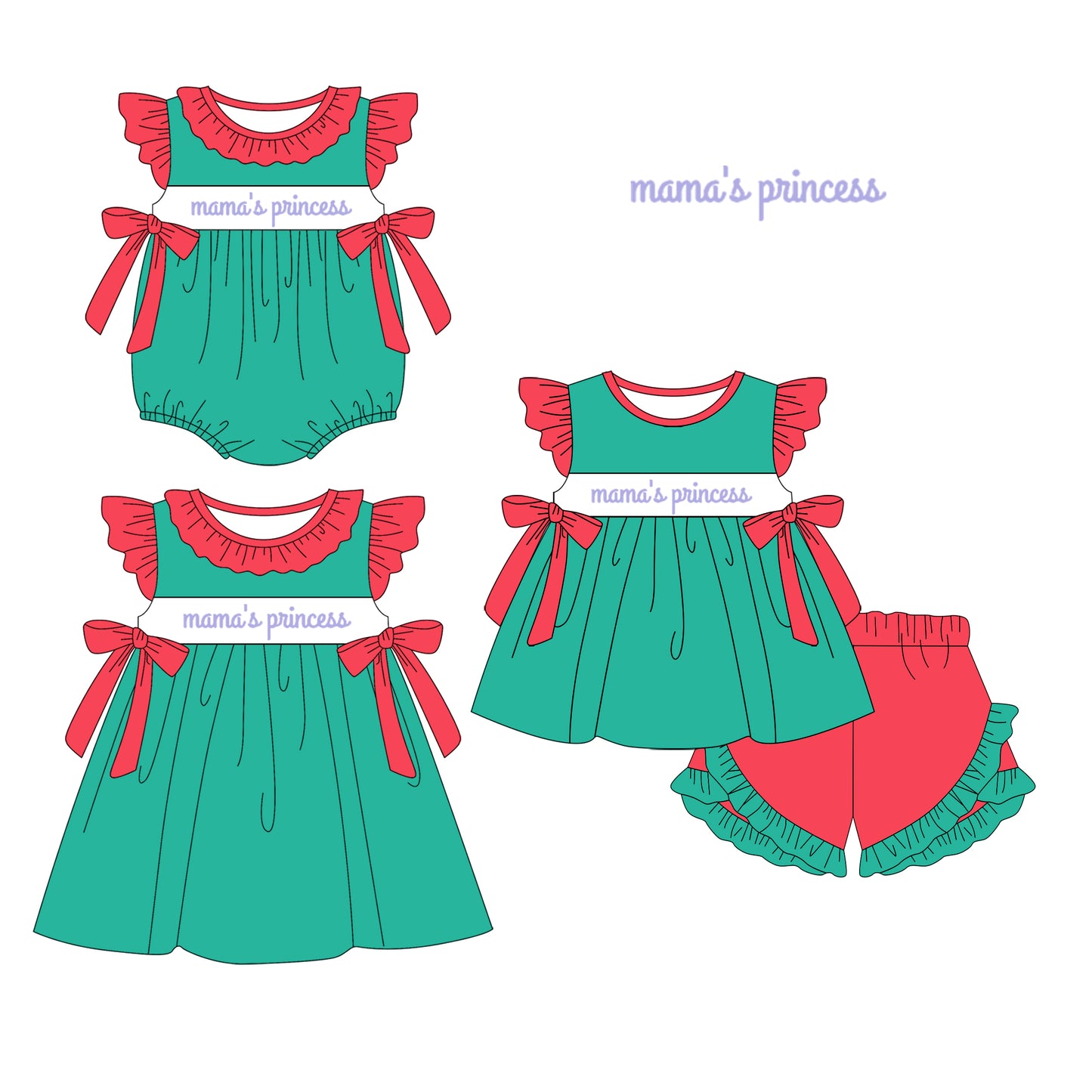 1.14 custom each style moq 5eta 4-6week Sibling Sisters mama princess baby girl short sleeve shorts sets and dress and rompers match family design