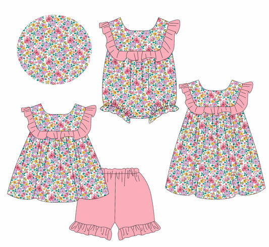 1.10 custom each style moq 5eta 4-6week Sibling Sister floral baby girl short sleeve shorts sets and dress and rompers match family design