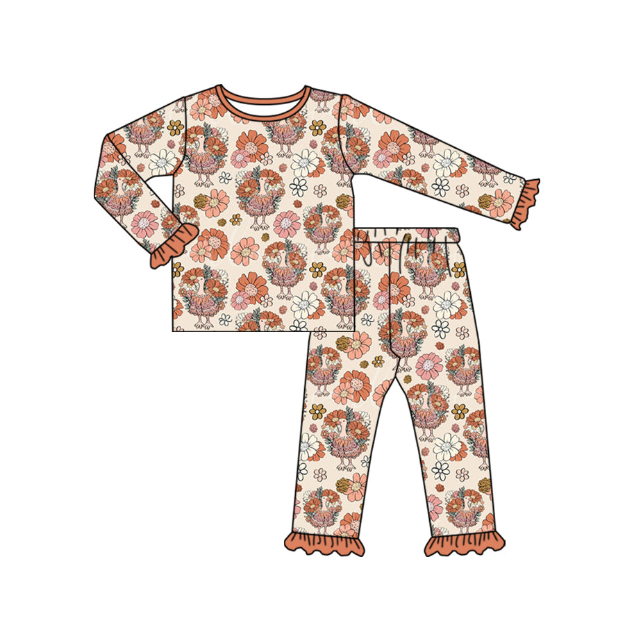 5.3custom each style moq 5eta 4-5week Sibling Sister turkey flowers prints orange girls outfits set and baby romper match family design