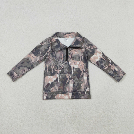 RTS NO MOQ（In Stock) GT1180 Reindeer Camouflage Yoga Zipper Long-Sleeved Top