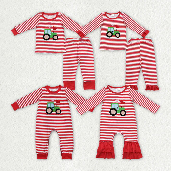 RTS NO MOQ Valentine Embroidery love red striped long sleeve pants and rompers Boys & Girls