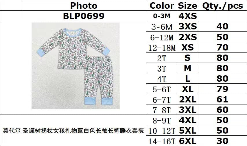 bamboo rts no moq BLP0699 Modal Christmas tree cane girl gift blue and white long-sleeved trousers pajamas set